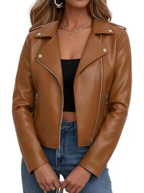 Women's Brown Polyurethane Cropped Coat Cute Short Zip Up Vintage Leather Jacket